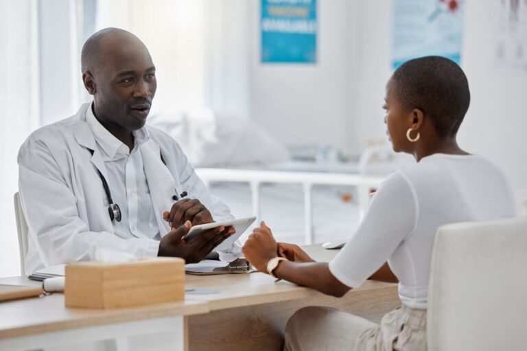 Doctor consulting, talking and health check service of a woman at a hospital or clinic. Working med